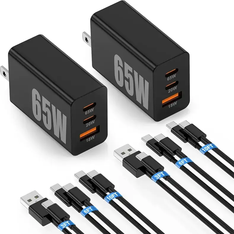 3-Port GaN Type-C Charging Block PD/QC 3.0 for Galaxy S25/S24/S23 Plus,Tab,MacBook, iPhone 17 Pro Max,Android, 3/6/10FT Cord