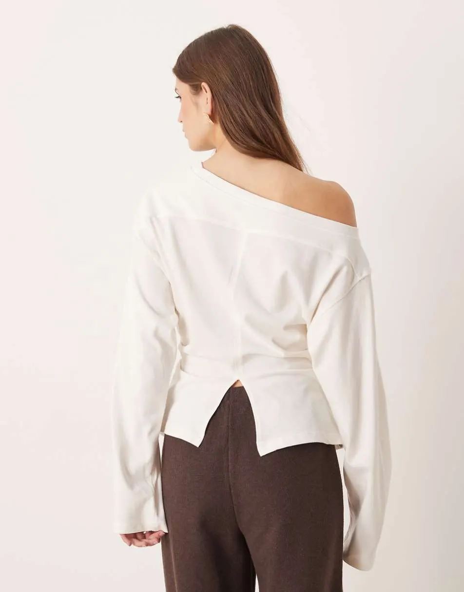 ASOS DESIGN long sleeve off shoulder corset waist tee in cream