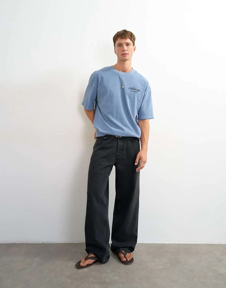 Topman relaxed fit front and back social club print t-shirt in blue