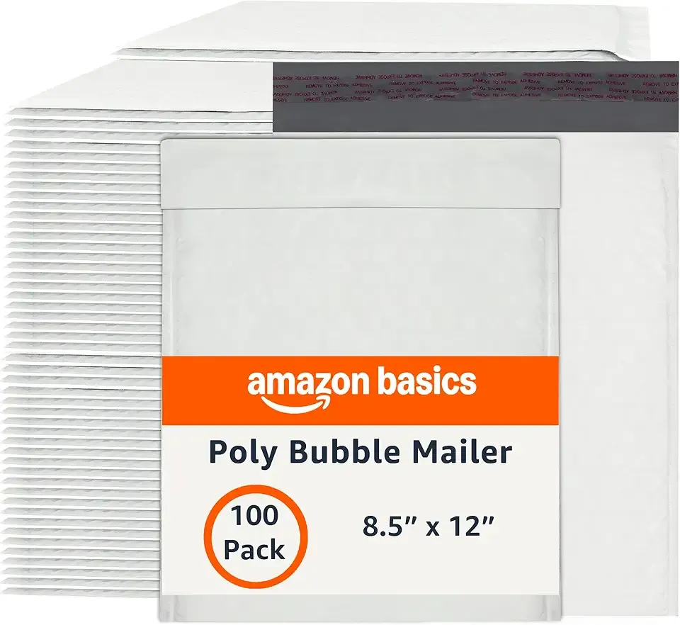 Amazon Basics Poly Bubble Mailer, 8.5" x 12" (Internal Size 8.25" x 11"), Self-Seal, 100-Pack, White/Grey