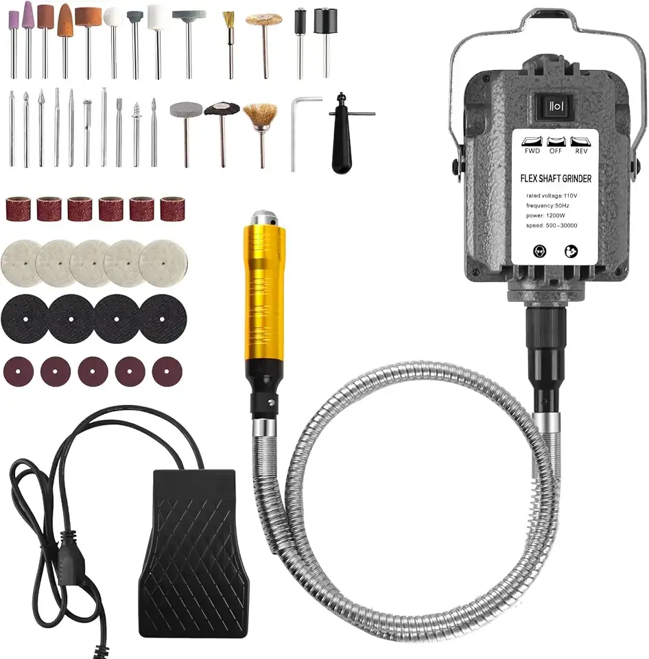 1200W 30000RPM Rotary Tool, Electric Flex Shaft Rotary Tool, Flex Shaft Grinder Hanging Carver, Foot Pedal Control, Wall Mount Metal Flexible Shaft, Rich Accessories for Jewelry Polishing Grinding