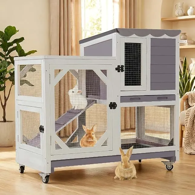Aivituvin 39.3" Large 2-Story Large Rabbit Hutch Indoor Rabbit cage Wooden Bunny Cage with Chew-Proof Ramp, Leak-Proof Tray, Lockable Wheels for 2-4 Rabbits, Guinea Pigs (Grey)