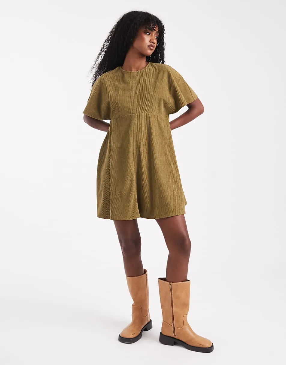 ASOS DESIGN cord t-shirt mini dress with stitching detail in olive