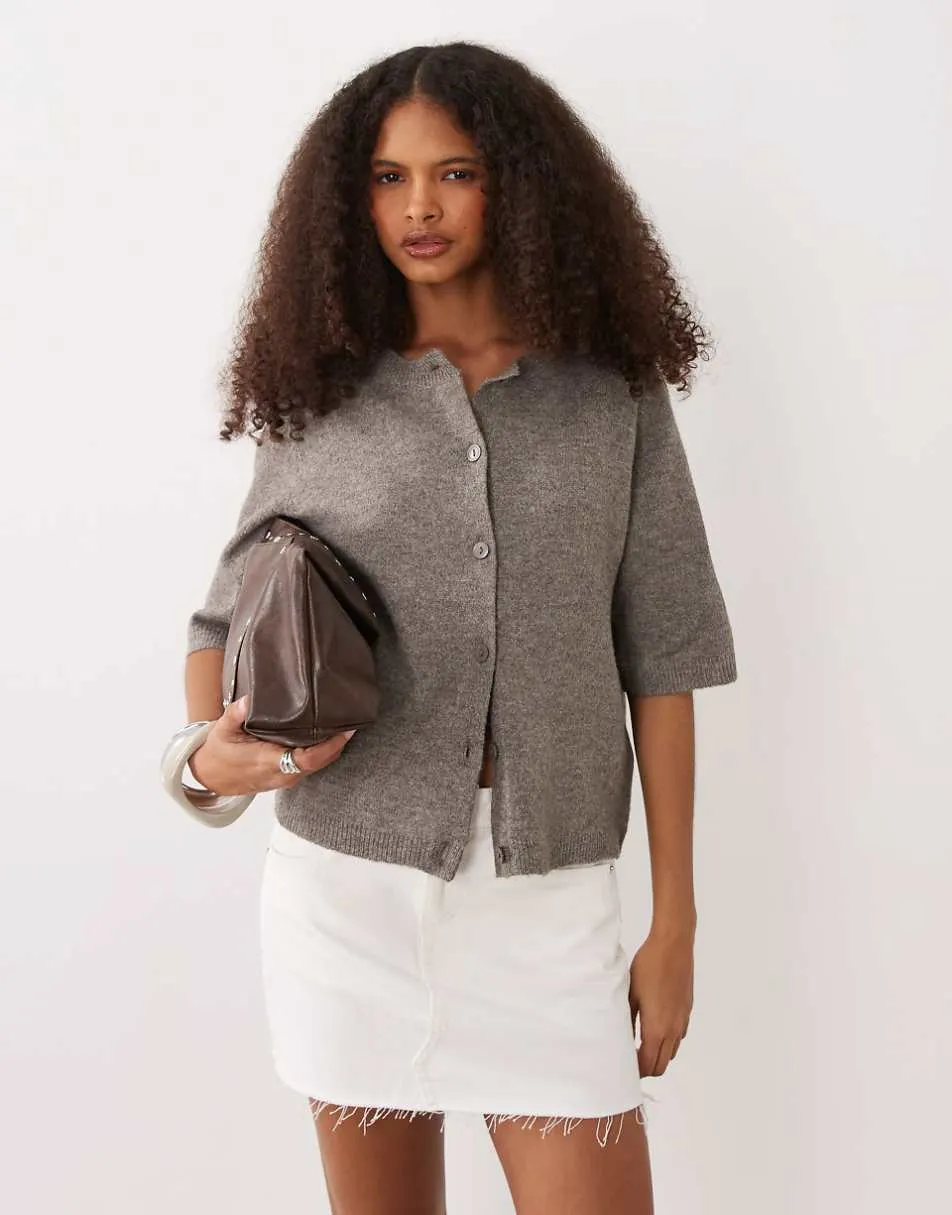 Vila short sleeve knit cardigan in falcon melange
