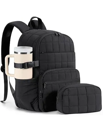 Bagstellar Travel Backpack for Women, 15.6" Puffer College Laptop Backpack | 27L Quilted Work Back Pack w/ Double Zipper, 18 Pockets, Giant Tumbler Holder, Water Resistant Teacher Nurse Computer Bookbag
