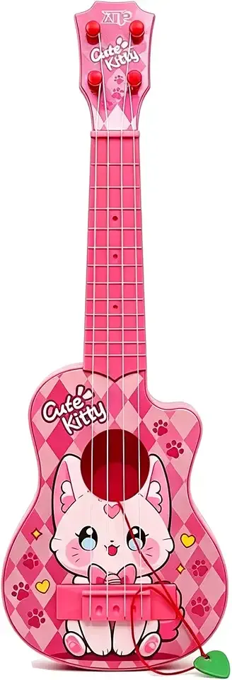 LeeQee Kids Ukulele Guitar for 3-6, 17 Inch Pink Kitty Toy Guitar