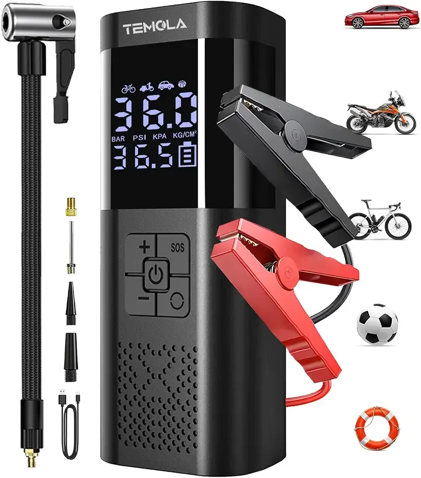TEMOLA Car Jumper Starter Portable, 150PSI Battery Jumper Starter Portable | Air Compressor, Jump Box with LCD Display & LED Light for Gas and Diesel Vehicles