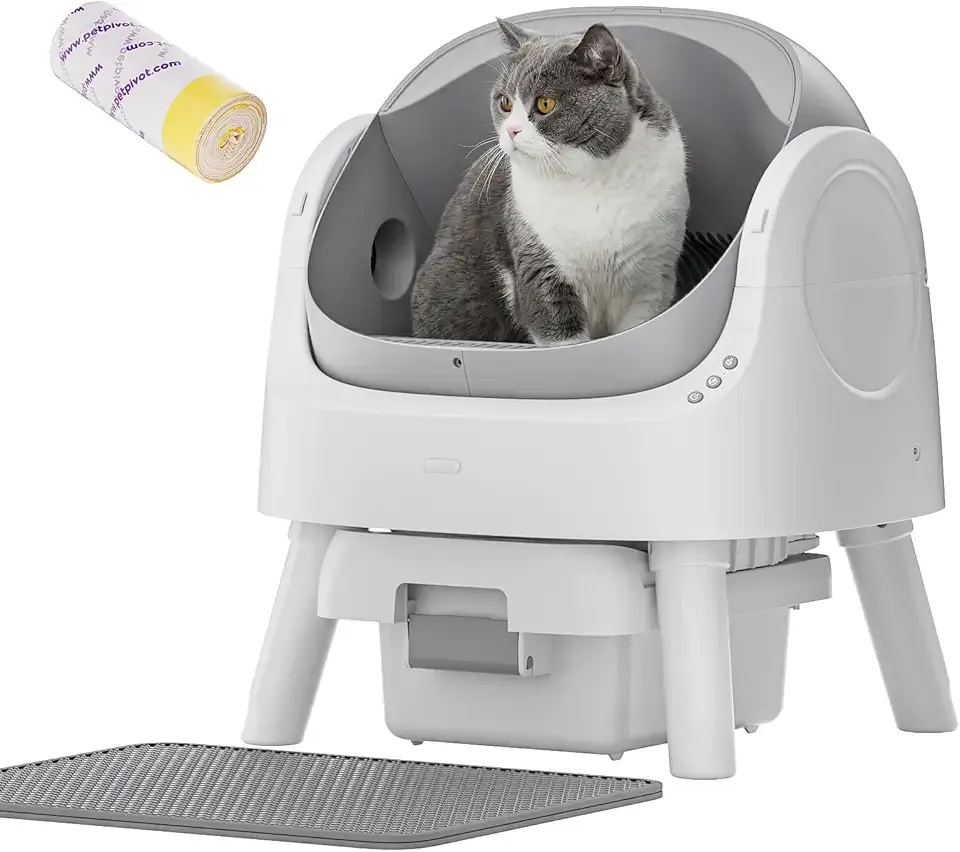 PetPivot Self Cleaning Cat Litter Box, Safety Sensor and Open Top Design for Multiple Cats, Automatic Cat Litter Box with Liners and Mat Included, Grey