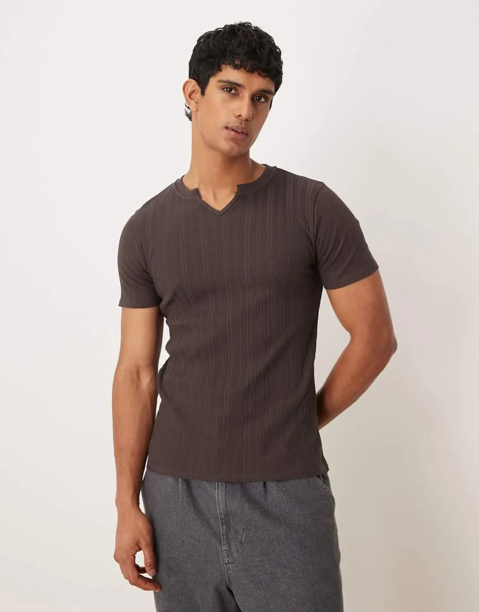 ASOS DESIGN muscle fit t-shirt with notch neck in brown rib