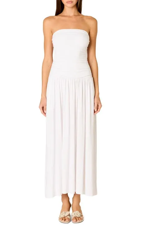 Nia Santal Ruched Strapless Midi Dress