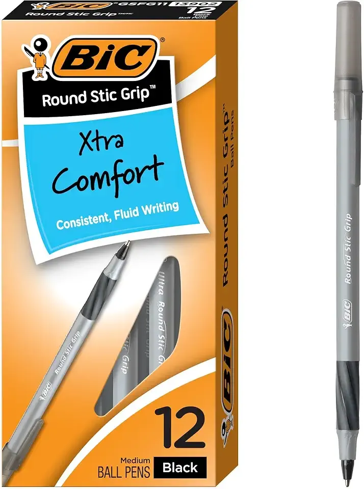 BIC Round Stic Grip Xtra Comfort Black Ballpoint Pens, Medium Point (1.2mm), 12-Count Pack, Perfect Writing Pens With Soft Grip for Superb Comfort and Control