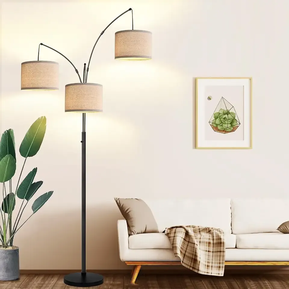 Dimmable 3 Lights Floor Lamp - 3000LM Super Bright Arc Floor Lamps for Living Room, Modern Tall Standing Lamp With Beige Shades, Mid Century Tree Floor Lamp for Bedroom Office, 3 LED Bulbs Included