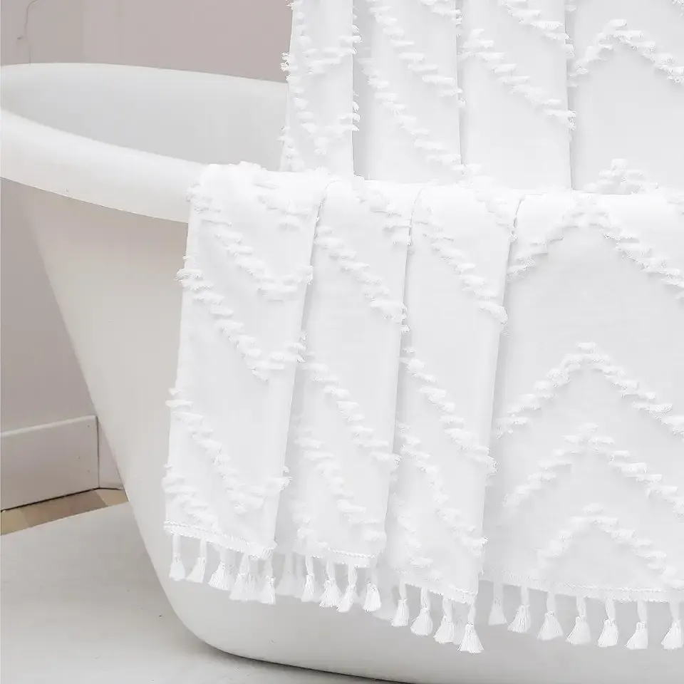 Boho Shower Curtain, White Fabric Cloth Shower Curtains Farmhouse Tufted Chevron Striped Textured with Tassel for Bathroom, Soft Hotel Style Modern Minimalist, Machine Washable, 72x72, White