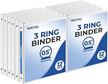 0.5 Inch 3 Ring Binders, 12 Pack White Slim Binders with…