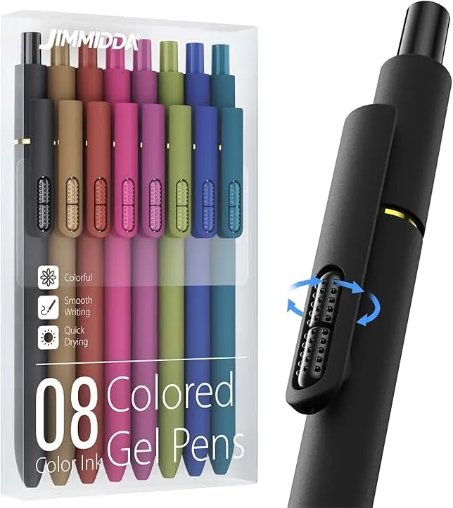 JIMMIDDA Colorful Gel Pens - 8 Pcs Colored Ink Pens Coloring | 0.7MM Smooth Writing Medium Point - Quick Drying Retractable Colored Pen for Journaling Note Taking (Vintage - 8Pcs