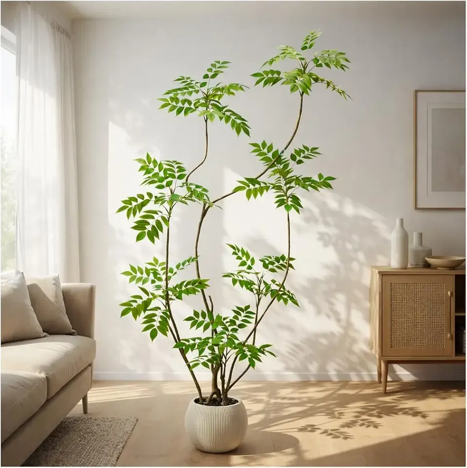 Artificial Sumac Tree:6FT Faux Mahonia Fortunei Tree Realistic Fake Floor Plant Silk Leaves & Elegant Branches in Pot Fake Plant for Minimalist Decor Indoor Home Sala Office Hotel Patio Studio