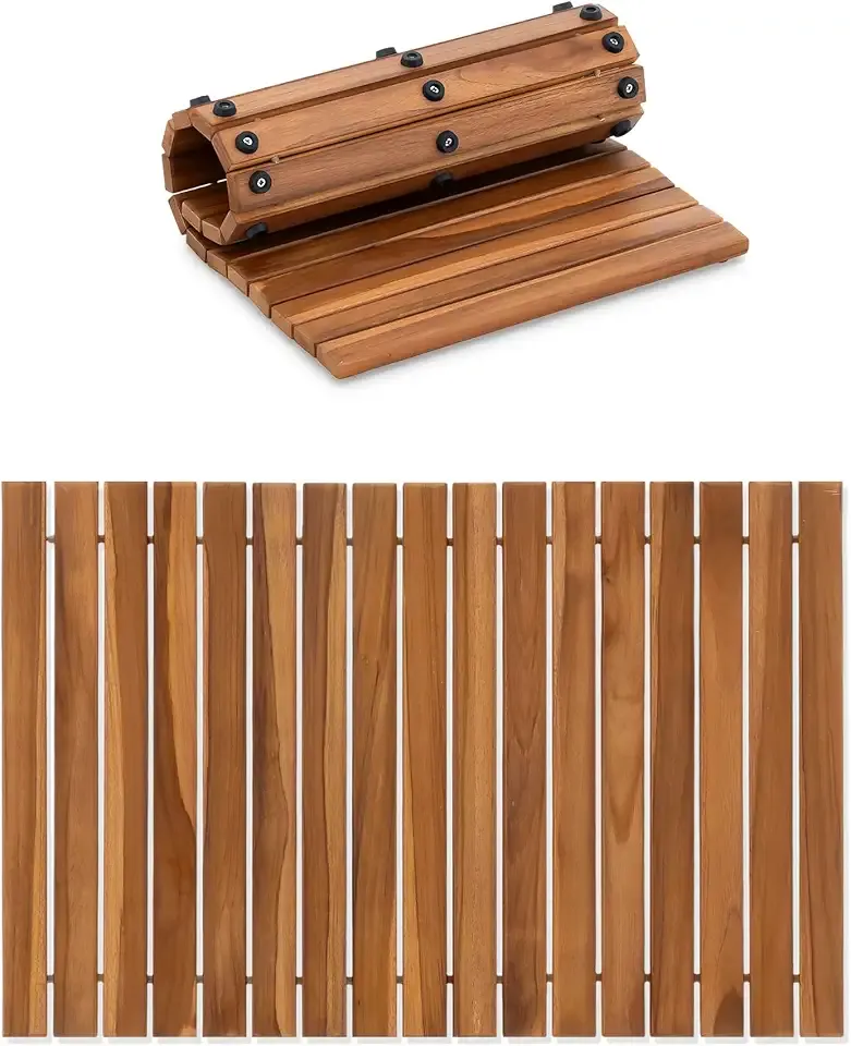 StrongTek Roll Up Teak Bath Mat, Pre-Oiled Wooden Shower Mat with Non-Slip Pads, Teak String Mat for Bathroom, Spa Floor Mat for Tub, Shower & Entry, 22.8 x 15 in