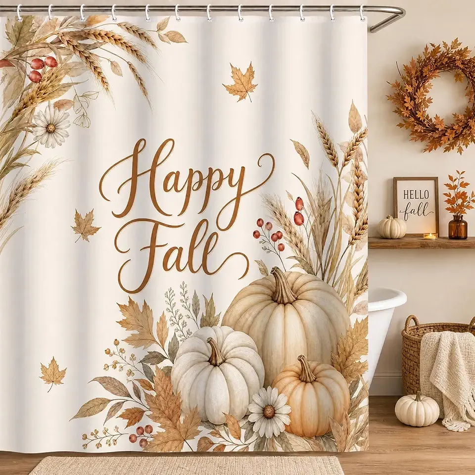 Happy Fall Shower Curtain Autumn Pumpkin Wheat Maple Leaves Farmhouse Harvest Thanksgiving Bathroom Decor Waterproof Fabric Bath Curtain 72 x 72 Inch with 12 Hooks