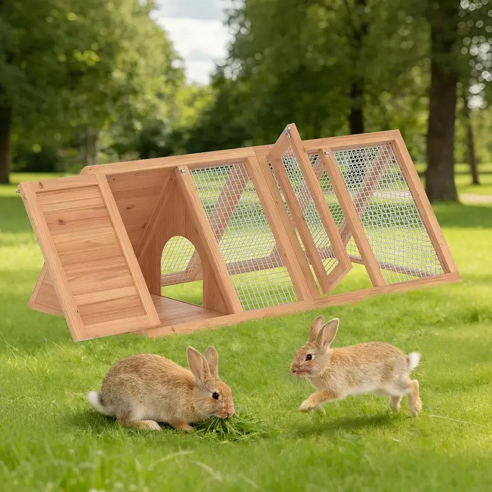 Small Chicken Coop, Rabbit Hutch Outdoor, Wooden Triangle Rabbit Cage with 2 Door & Poultry Run, Portable Bunny Hutch for Chicken, Rabbit, Guinea Pigs, Hedgehog, Small Animals (Natural Wood)