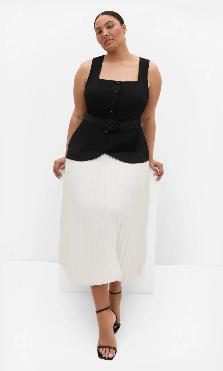 Chiara Vest Pleat Dress - black ivory