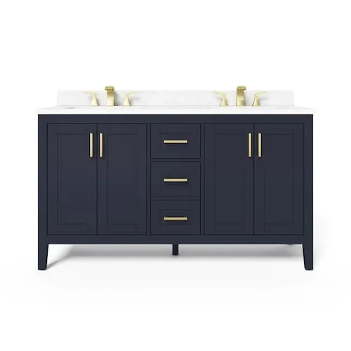 Home Decorators Collection Ellia 60-inch W 4-Door & 3-Drawer Navy Wood Bathroom Vanity Double Undermount Sinks with White Engineered Stone Top