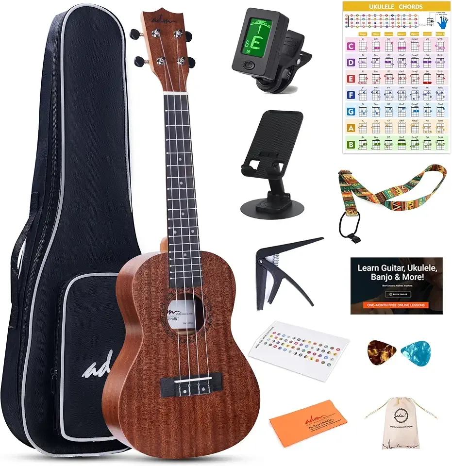 ADM Ukulele Beginner Kit Mahogany Hawaiian Wood Ukelele Bundle Ukalalee Set with Uke Free Starter Lessons for kids Students and Adults, Yellow Brown (Khaki, 23 inch)