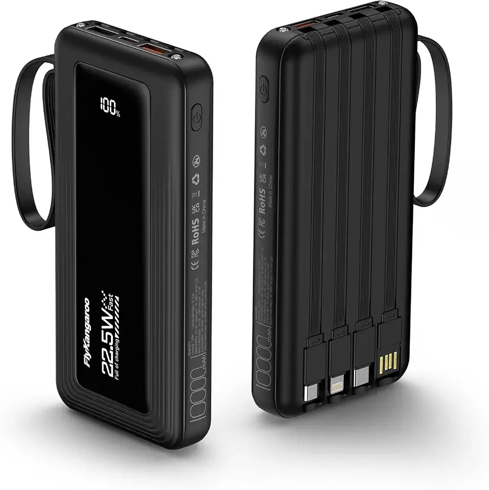 Portable Charger with Built in Cables, Power Bank 10000mAh | Built in 4 Cables, Slim, 22.5W Fast Charging, USB C LED Display, 6 Outputs & 2 Inputs, Flashlight