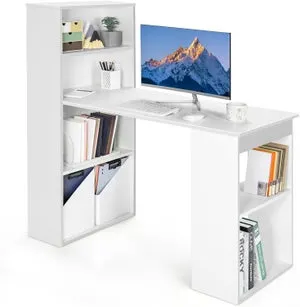 Escritorio con Estanteria, Mesa Escritorio 120 cm, 6 Estantes de Almacenamiento, Mesa Ordenador Reversible Oficina/Dormitorio (Blanco)