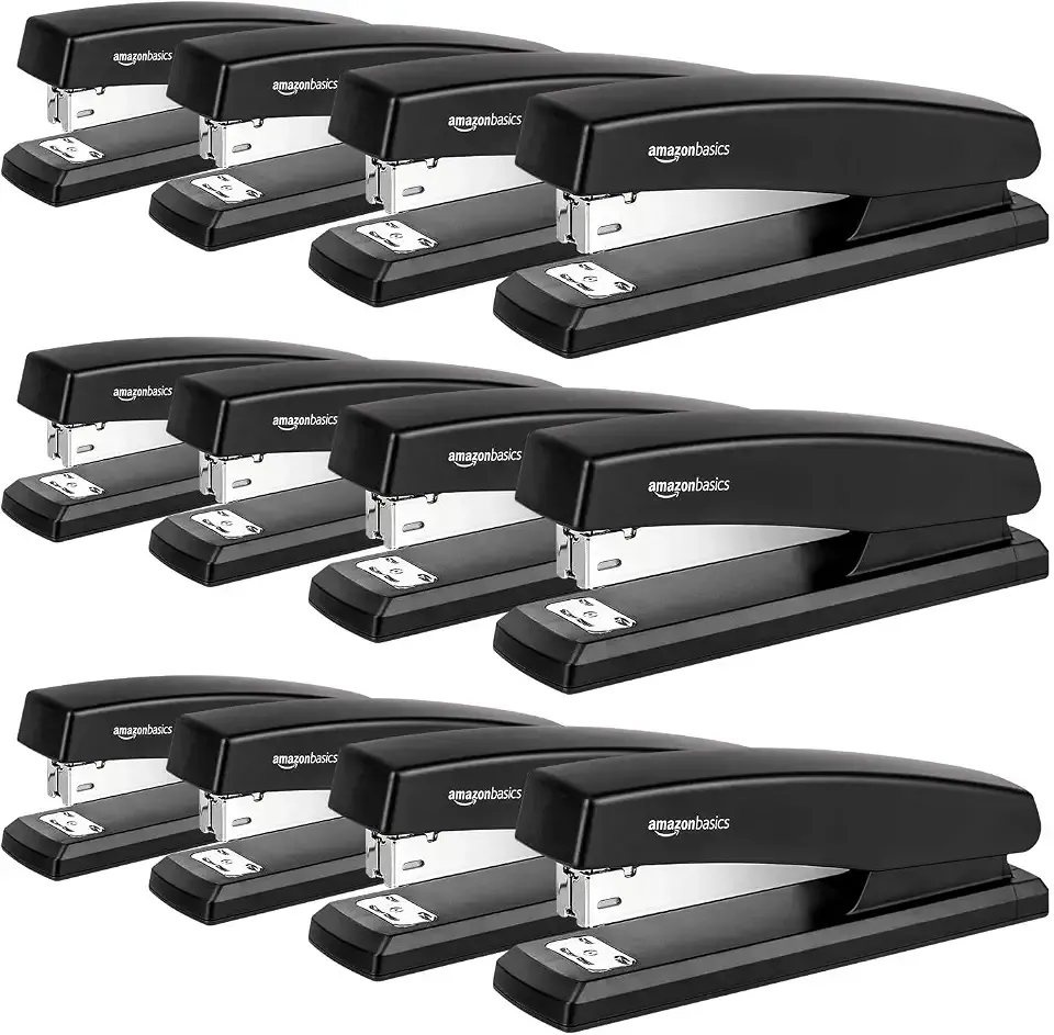 Amazon Basics Office Desk Stapler, 25-Sheet Capacity, Non-Slip with 1000 Staples, Black, 12-Pack