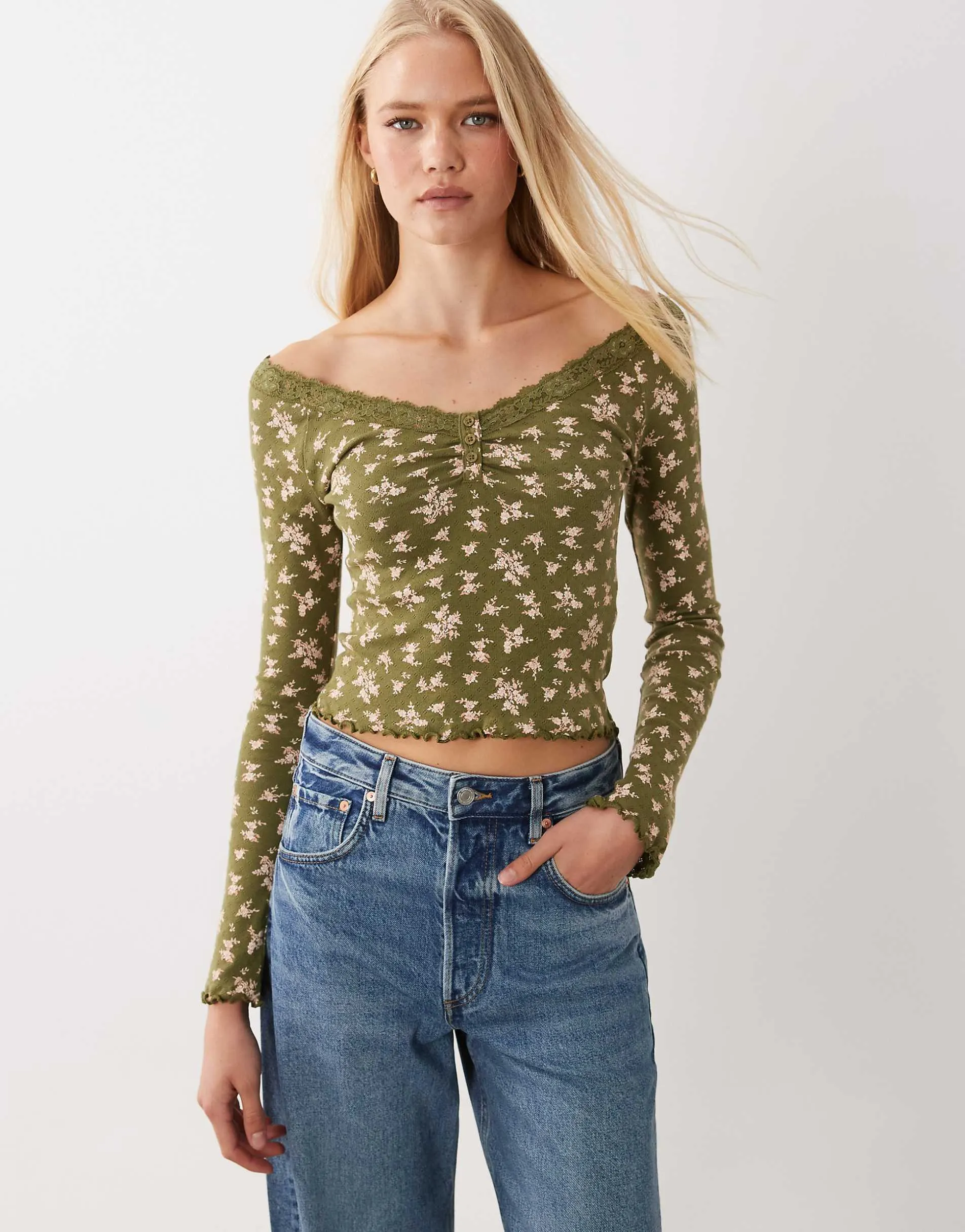 Miss Selfridge lace trim button pointelle top in olive print