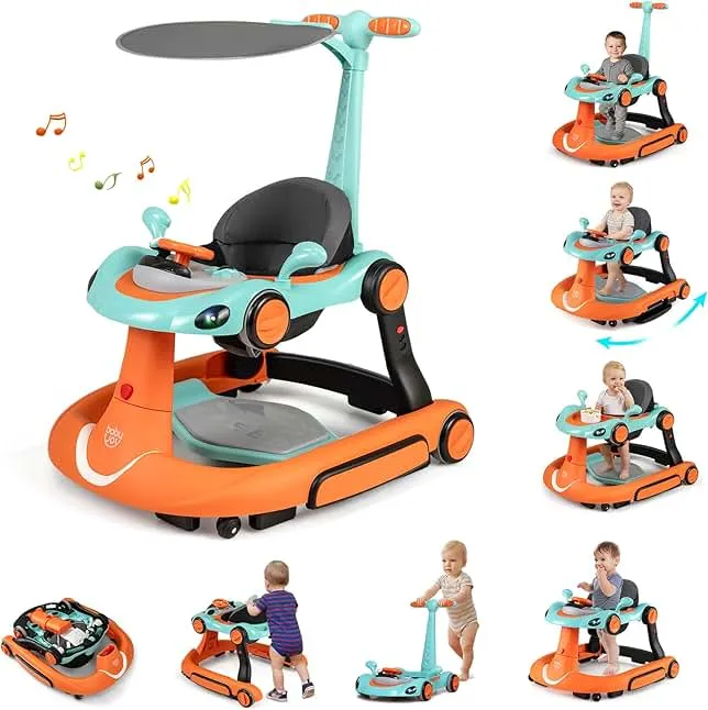 BABY JOY 7-in-1 Baby Walker, Foldable Baby Walker and Bouncer Combo with Handle, Adjustable Height & Speed, Music, Lights, Rocker/Push Mode, Baby Walker with Wheels…