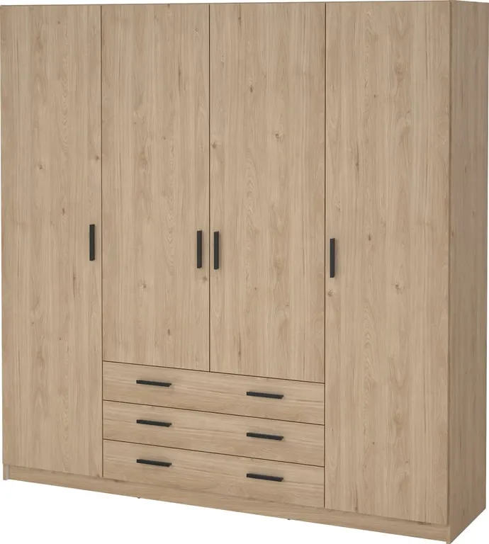 Sprint garderobeskap 196 x 50, H 200 cm , med 4 dører og 3 skuffer natur