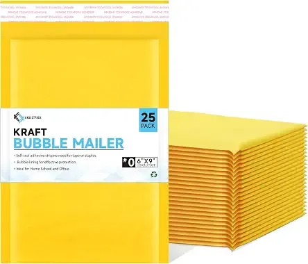 Kraft Paper Bubble Mailers #0, 6x10 Inch Self-Seal Padded Mailing Envelopes, Usable Size 6x9, Pack of 25