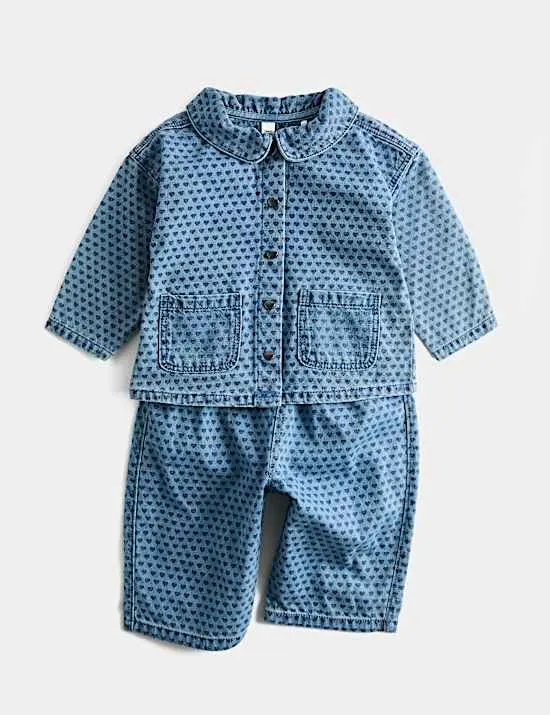 2-teiliges Denim-Sakkoset aus reiner Baumwolle mit Herzmuster (0–5 Jahre)