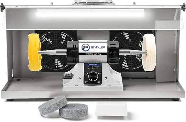 Jewelry Polisher - Adjustable Variable Speed Bench Buffer Polishing & Buffing Machine, Dental Buffer & Lathe - With Dust Collector Hood, Working Light & Filter for Jewelry, Silver and Metal Polishing