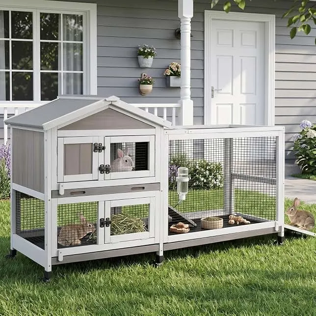 PetsCosset Large Rabbit Hutch with Run, 2-Story Bunny Cage on 6 Wheels | Expandable Design, 3 Deep Pull-Out Trays, Ramp and Waterproof Roof for Small to Medium Animals, Indoor/Outdoor Use