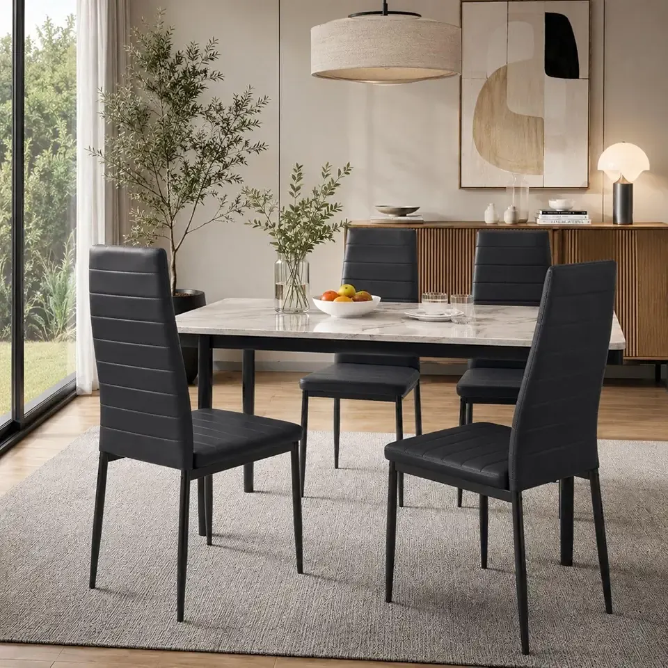 Karl home Dining Chairs Set of 4, PU Leather & High Back, Black | Black kitchen chairs with padded seats & foot cap protection for dining kitchen living room,300lbs capacity,space-saving