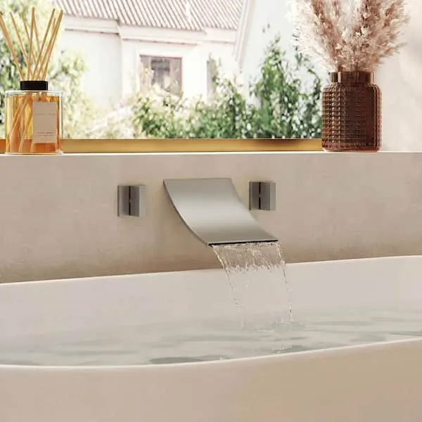 YAWWALK Double-​Handle Wall Mount Roman Tub Faucet with Waterfall Spout, 6.​6 GPM Bathtub Faucet in Brushed Nickel