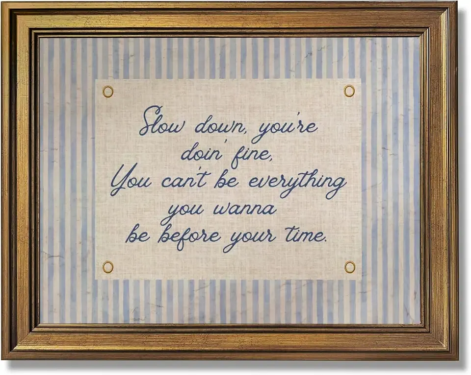 Vintage Gold Framed Wall Art Slow Down You're Doing Fine Music Poster Uplifting Positive Quote Stripe Motivational Painting Retro Song Lyric Canvas Print Daily Reminder Home Decor 8x10inch