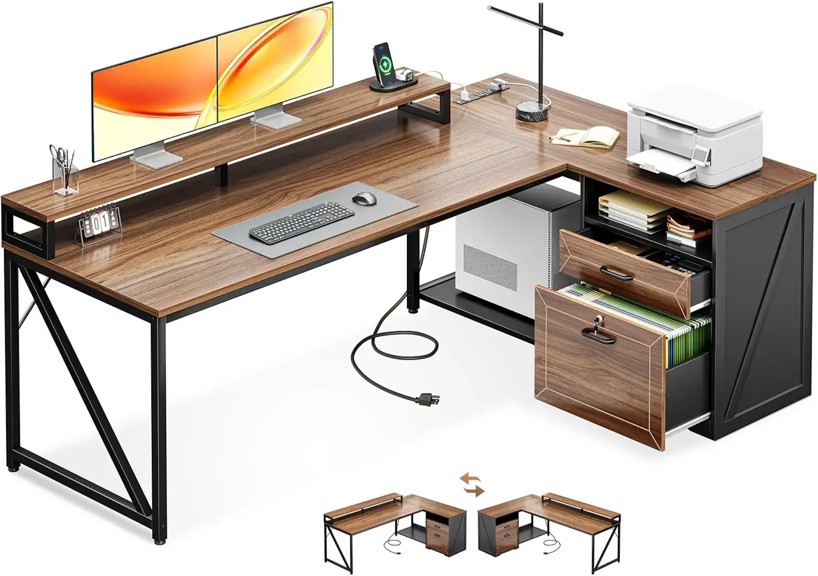 AODK 61 Inch L Shaped Desk with Drawers & lockable File Cabinet, Farmhouse Executive Office Desk with Led Lights & Power Outlet, Computer Desk with Storage Shelves, Monitor Stand and CPU Stand, Walnut