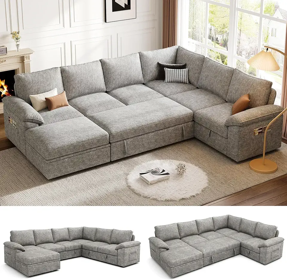 108 Inch Modular Sectional Sofa with Pull Out Bed,U Shaped 7 Seat Sectional Sleeper Sofa with Storage,Sectional Couches for Living Room,Cloud Modular Couch,Removable Sofa Cover,Light Gray