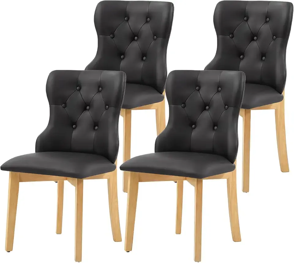 Hixkol Faux Leather Dining Chairs Set of 4, Button Tufted High Back with Wood Legs, PU Leather Dining Room Chairs with Waterproof Surface and Adjustable Foot Pads(Black)