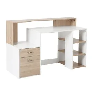 Escritorio con estantería 2 cajones oficina 137x55x92 cm blanco roble
