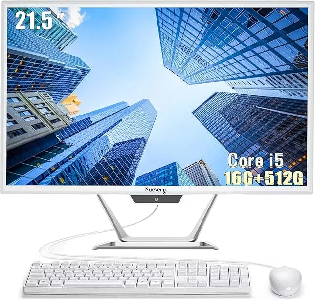 suevery All-in-One PC 21.5 AIO Desktop Computer Core I5, 512G SSD, DDR4 16G RAM, HD Webcam, Wi-Fi6, 1080P Gaming All in One 22" FHD Business Display for Home Office with Keyboard & Mouse
