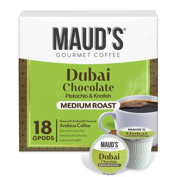 Maud's Dubai Chocolate Flavored Coffee Pods, 18 ct, Medium Roast Flavored Coffee in Single Serve Pods – 100% Arabica Beans, Compatible with Keurig K Cups Maker