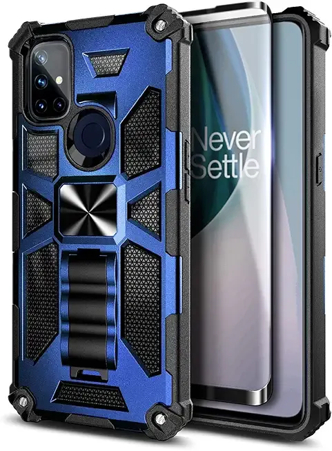 NZND Case for OnePlus Nord N10 5G with Tempered Glass Screen Protector (Maximum Coverage), Full-Body Protective Shockproof [Military-Grade], Built-in Kickstand, Heavy-Duty Case (Blue)