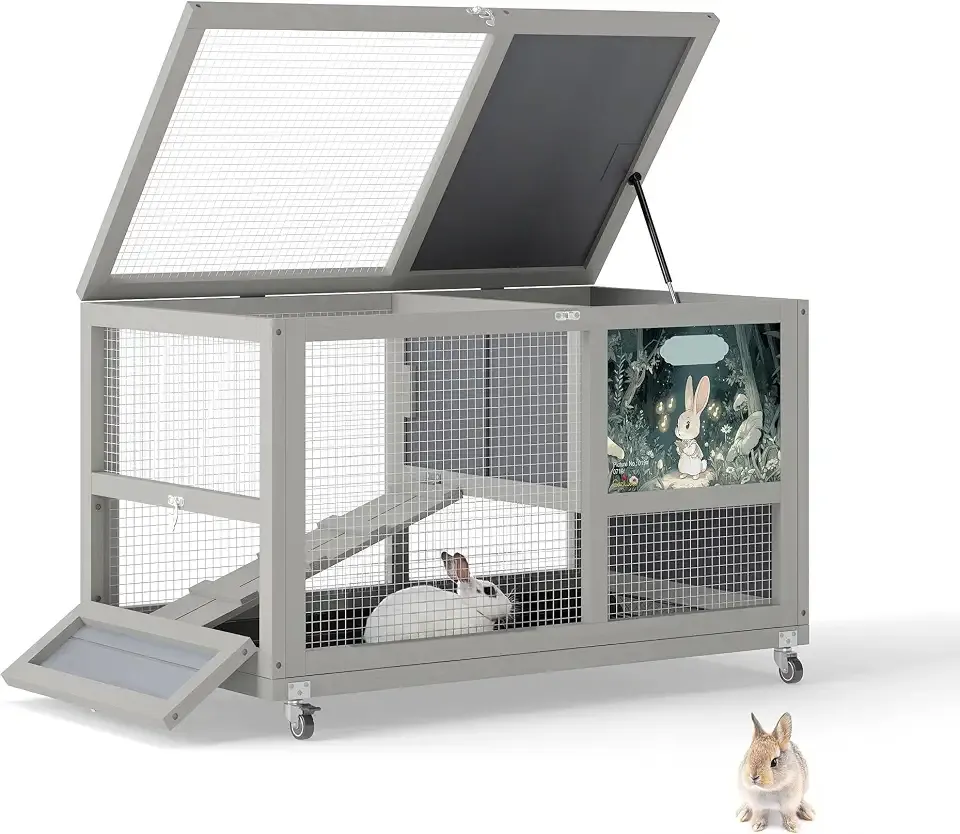 COZIWOW 36.5" Two‑Level Wooden Rabbit Hutch with Casters & Ramp