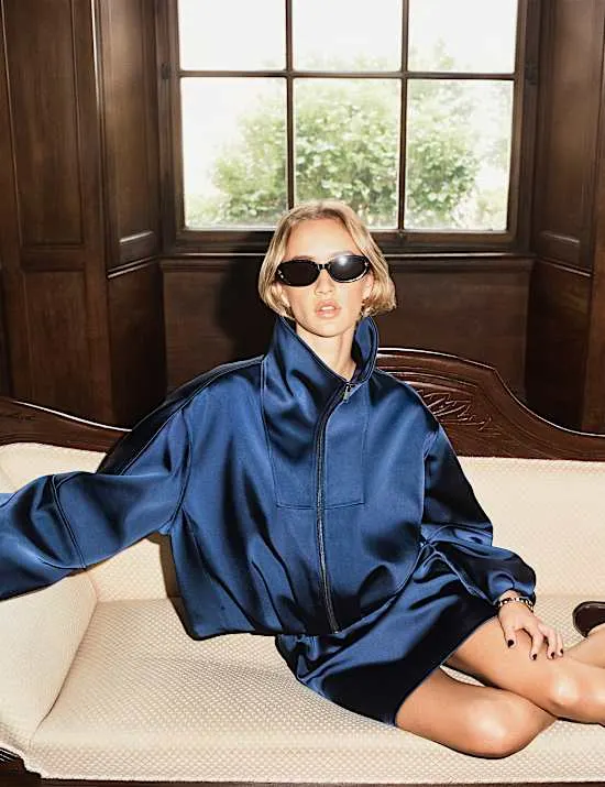 Satin Blouson Sleeve Cropped Bomber Jacket
