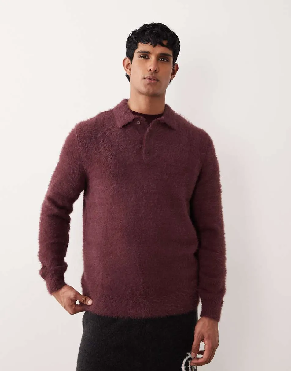ASOS DESIGN knitted fluffy polo jumper in burgundy