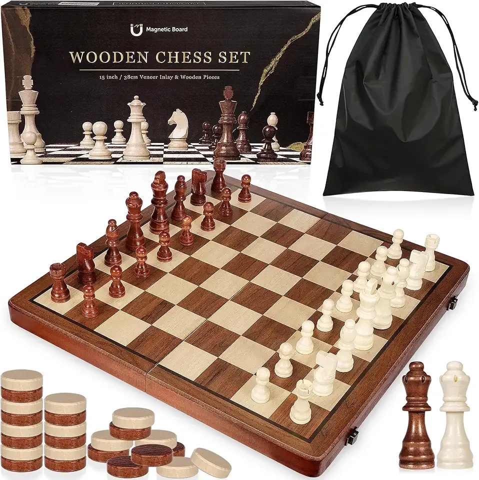 2 in 1 Wooden Chess and Checkers Set - Folding Magnetic Chess Board with Storage Slots, Chess Pieces, Portable Travel Chess Set for Adults & Kids, Includes Carry Bag
